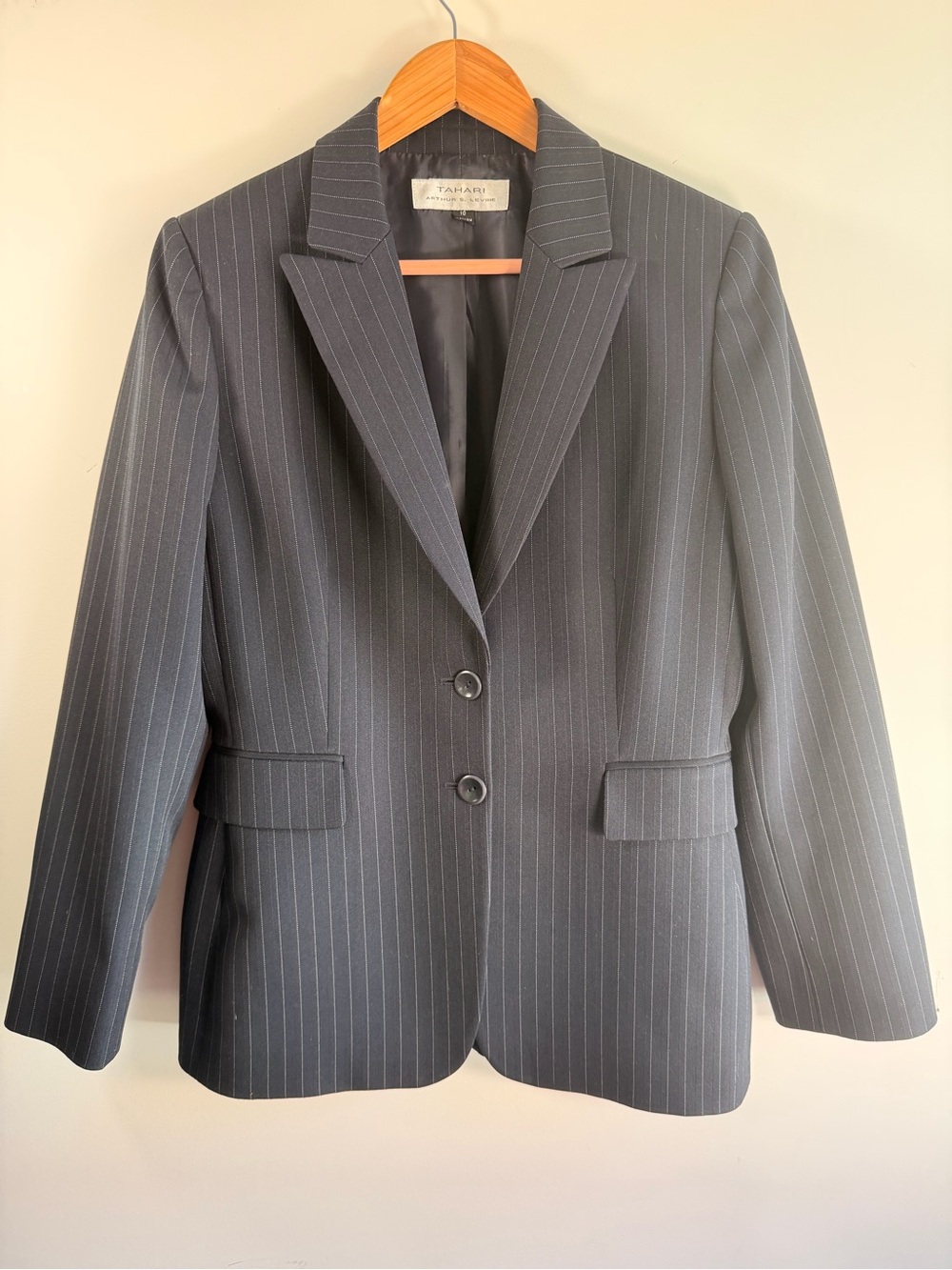 Tahari Black Pinstripe Two-Button Blazer